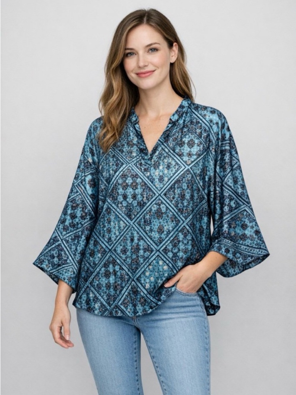 Lane Bryant Satin Popover Tunic Top Size 14 /16Blue Paisley Peasant Flare Sleeve